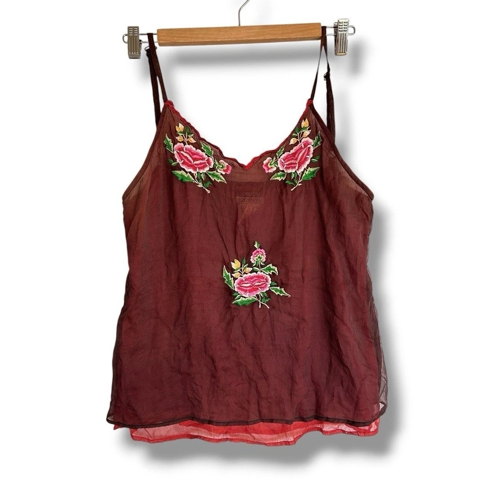 Vintage Y2K JouJou Rayon Embroidered Roses Cami Tank Top Whimsigoth Romantic 90s